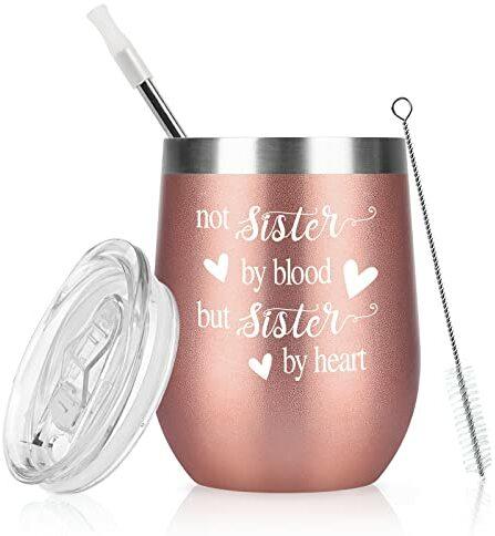 Livole Schwester Geburtstagsgeschenk, Edelstahl Weinbecher, Beste Freundin Geschenke für Sister, Mädchen und Frauen, 12oz 350ml Rotweinglas mit "Not Sister By Blood But Sister By Heart", Geschenkbox