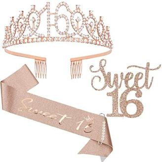 Schärpe und Tiara zum 16. Geburtstag für Mädchen, Sweet 16 Geburtstag Schärpe Krone, Roségold Schärpe und Tiara für Mädchen, Geschenke zum 16. Geburtstag für 16. Geburtstagsparty mit Tortenstecker