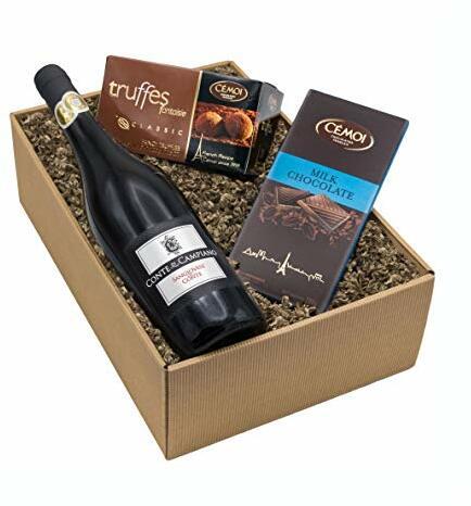 Präsentkorb „Gaumenfreude“ Italienischer Rotwein Sangiovese und französische Schokoladentrüffel und Vollmilchschokolade als Geschenkset