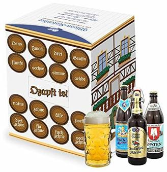 Bavariashop Oktoberfest Bier-Geschenk-Box • inkl. Glaskrug mit 16x original Münchner Bier • Bier-Tasting & Geschenkset, Biergeschenk für Männer