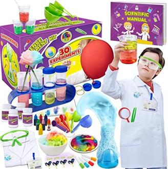 UNGLINGA Kinder Wissenschaft Experiment Kits 30 Schule Labor Experimente mit Laborkittel Wissenschaftler Spielzeug Geschenke für Jungen Mädchen im Alter von 5 - 11 Jahren verkleiden und rolle spielen