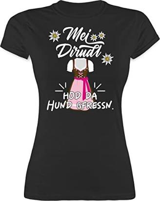 Shirt Damen - Kompatibel mit Oktoberfest Damen Trachtenshirt - MEI Dirndl hod da Hund gfressn - S - Schwarz - trachtenshirt schwarz Damen - L191