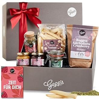 Gepp’s Feinkost Geschenkbox Verwöhnpaket für Frauen | Geschenkkorb gefüllt mit köstlichen Delikatessen wie Erdbeer-Champagner Marmelade, Calm & Sweet Tee | Gourmet-Geschenk zum Geburtstag