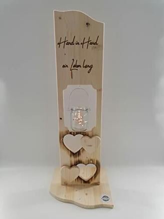 Holz Deko Schild Hand in Hand Personalisiertes Hochzeitsgeschenk, Jahrestag mit Wunschname und Laterne (Glaslaterne) (D10)