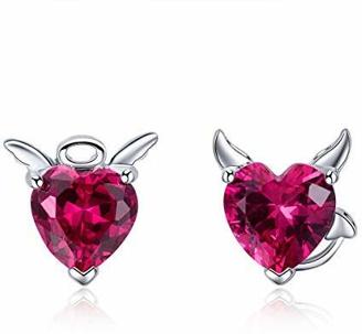 Qings Herz Ohrringe Sterling Silber 925 Rotes Herz Engel Teufelsflügel Halloween Schmuck Geschenk für Frauen Mädchen