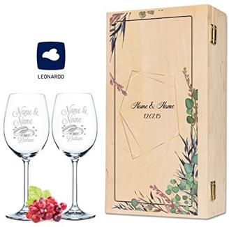 GRAVURZEILE Leonardo Weingläser mit Gravur - Flower Polygon Design - Personalisiert mit Namen & Datum - Geschenk zur Hochzeit Verlobung - inkl. bedruckter Holzkiste - Farbe kleine Kiste UV