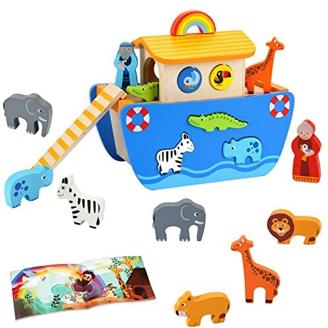 Arche Noah Holz | Holzspielzeug ab 1 2 3 Jahr Kinder | Taufgeschenke für Jungen Mädchen | Montessori Spielzeug Tier Sortier Stapel | Bibel Geschichte Buch Taufe