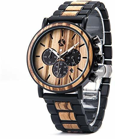 Kim Johanson Herren Holz-Edelstahl Armbanduhr *Military* in Hellbraun Chronograph mit Stoppuhr & einem Gliederarmband Handgefertigt Quarz Analog Uhr inkl. Geschenkbox