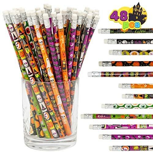 JOYIN 48 Stück Halloween-Bleistift-Sortiment mit Radiergummi in 12 Designs für Halloween, Kinder, Geschenk, Preis, Partyzubehör