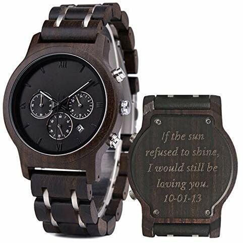 Holzuhr für Männer Herren Uhren Persönliche Armbanduhr Holz mit Gravur Ebenholzuhr mit Kalenderfenster Geschenk für Ehemann, 45mm