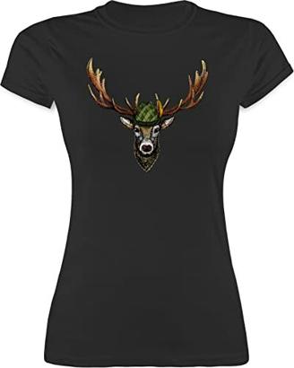 Shirt Damen - Kompatibel mit Oktoberfest Damen Trachtenshirt - Jagdhirsch - XL - Schwarz - Trachten Damen t-Shirts schwarz - L191