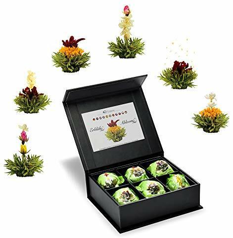 Creano 6 Teeblumen Geschenkbox grüner Tee, in edler Magnetbox mit Silberprägung, 6 Verschiedene Sorten, Geschenk zu Weihnachten