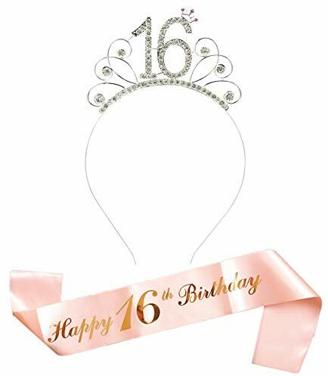 Rose Gold Happy 16. Geburtstag Schärpe und 16 Geburtstag Tiara Strass Krone Stirnband für 16 Geburtstag Geschenk Party Zubehör 16. Geburtstag Dekoration Mädchen
