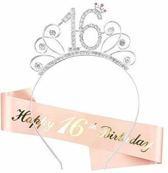 Zaloife 16. Geburtstag Krone Schärpe, Geburtstag Tiara Silber Geburtstag Schärpe Roségold, Junggesellinnenabschied Set für 16 Geburtstag Deko Geschenk und Mädchen Party Accessoires