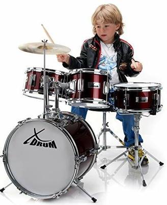 XDrum Junior Kinder Schlagzeug Lipstick Red - Geeignet von 3-6 Jahren - Bass Drum, Snare Drum, 2 Toms und 1 Becken - inklusive Hocker und Schule mit DVD - rot