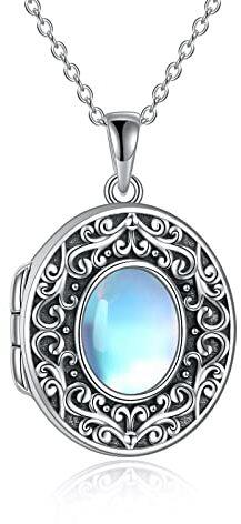 925 Sterling Silber Mondstein Foto Medaillon Halskette Floral Oval Form Anhänger Schmuck Geschenke für Frauen Mädchen