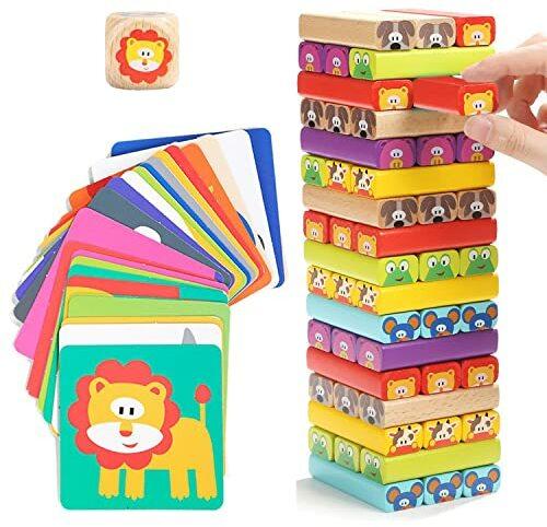 Nene Toys Wackelturm 4-in-1 aus Holz mit Farben und Tieren - Pädagogisches Kinderspiel ab 3 Jahren - Spielzeug für Mädchen und Jungs von 3 bis 9 Jahren - Stapelturm Holz Brettspiel
