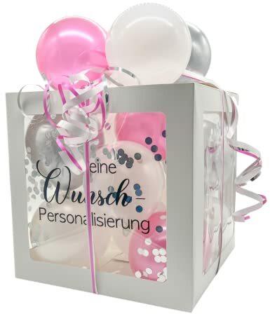 Geschenkbox Rosa-Weiß-Silber Personalisierte Ballon-Box Groß Geschenkbox 30 x 30 x 30 cm Luftballons Geburtstag, Hochzeit, Jubiläum, Liebe
