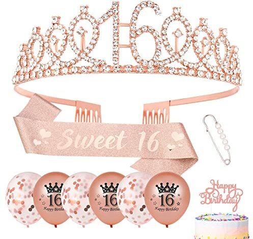 Popuppe 16. Geburtstagskrone und Geburtstag Schärpe,Sweet 16 Geburtstag Schärpe Tiara Krone,Geburtstag Cupcake Topper Konfetti Luftballons für 16. Geburtstag Geschenke Mädchen Deko (Rose Gold)