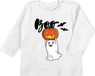 Baby Langarmshirt Baby Shirt Langarm - Halloween - Babys - Boo Geist mit Kürbis - 12/18 Monate - Weiß - kostüm Baby 86 - BZ11