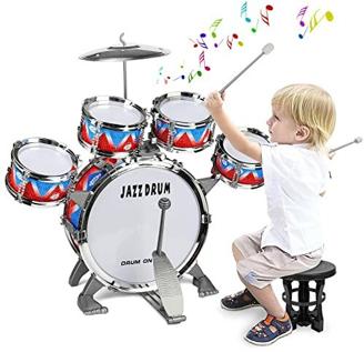 Docam Schlagzeug für Kinder, Kleinkind Jazz-Schlagzeug Set 5 Trommeln mit Hocker Percussion-Musikinstrumente Geburtstag Frühe Erziehung Geschenk Weihnachts Spielzeug für 3 4 5 6 Jährige Mädchen Jungen