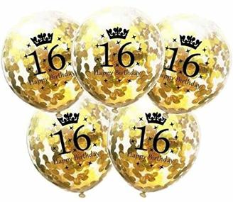 DIWULI, 5 Stück Geburtstags Luftballons, Zahl 16, Happy Birthday, Konfetti Sterne Latex-Ballons Gold, Latex-Luftballons, Zahlen-Ballons Geburtstags-Deko Ballon-Set 16. Geburtstag, Party, Dekoration