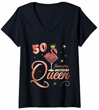 Damen 50ter Geburtstag Flamingo Geschenk zum 50. Geburtstag T-Shirt mit V-Ausschnitt