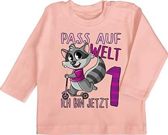 Baby Langarmshirt Baby Shirt Langarm - 1. Geburtstag - Pass auf Welt ich Bin jetzt eins - rosa - 12/18 Monate - Babyrosa - Geschenke für 1 Jahr mädchen - BZ11