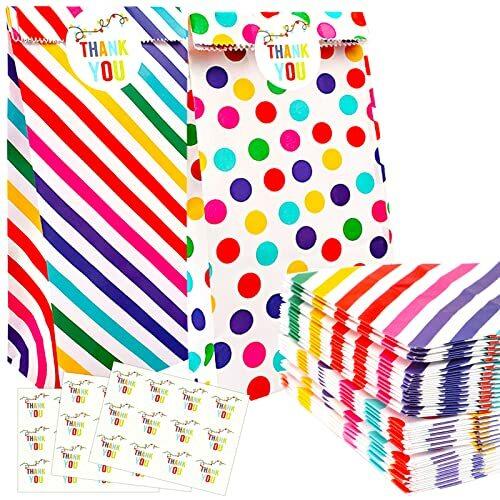 30 Stück Papiertüten Kindergeburtstag, Geschenktüten Regenbogen Candy Tüten mit 36 Aufkleber für Mitgebsel Geschenkverpackung Party Halloween Weihnachten(18x9x5,5 cm)