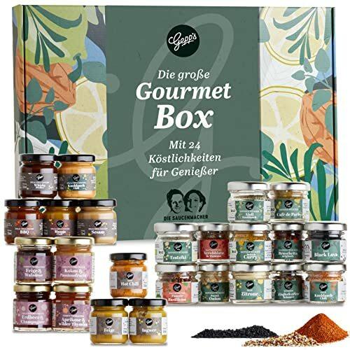 Gepp’s Feinkost 24er Mini-Box für Genießer I Early Bird Aktion I Probierpaket zum Kochen & Grillen I 24 ausgefallene Gewürze, Saucen, Dips & Aufstriche I Kulinarisches Kochgeschenk für Männer & Frauen