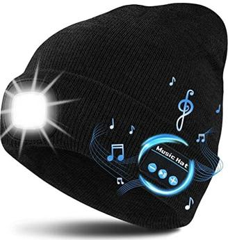 Deilin Bluetooth Mütze mit Led Licht, Geschenke für Männer Father Herren, Unisex Kabellose Musik Mütze mit Wiederaufladbarem LED Stirnlampe(Schwarz)