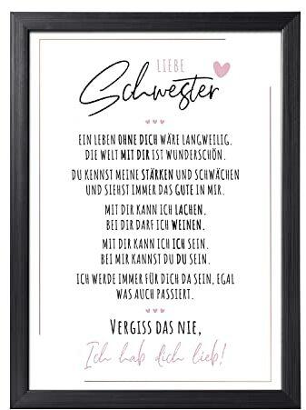 Definition Poesie Kunstdruck-Poster | Weihnachtsgeschenke Schwester Geschenk | Wandbilder Wohnzimmer | Weihnachten Geschenk für Schwester Geburtstag Wanddeko Deko Wohnzimmer DINA A4 mit Rahmen Schwarz