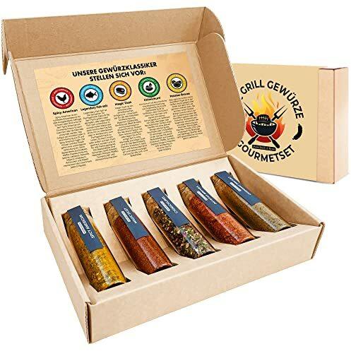 Grillgewürze Geschenkset Männer, 5 BBQ Gourmet Gewürze und Rezeptideen als Geschenk für Grillfreunde, Geburtstag und Vatertag, Grill Gewürze Zubehör für Männer & Frauen, Vatertagsgeschenk