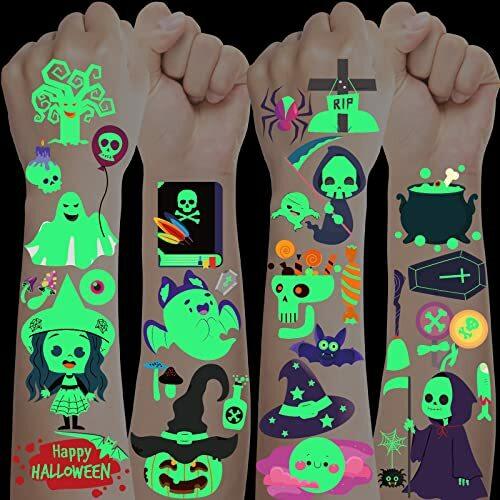 Halloween Temporäre Tattoos, 10 Blätter Leuchtende Tattoos Kinder, Halloween Tattoo Kinder Gesichtsaufkleber Schädel Geister Kürbis Kindertattoos für Kinder Halloween Party Dekoration Zubehör