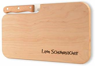 LOOXIS Frühstücksbrett mit Messer aus Holz, unbehandelt, mit eigenem Namen lasergraviert. Vesperbrett, Schneidebrett (26x15cm mit Messer)