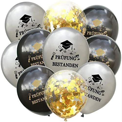 Oblique Unique® Konfetti Luftballon Set Prüfung bestanden für Schulabschluss Abi Abitur Studium Führerschein Abschluss - Silber Schwarz Gold