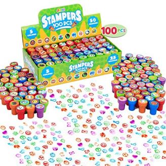 JOYIN 100 stück Stempel für Kinder, selbstfärbende Stempelset 3 Jahre(50 Designs, Plastikstempel, Emoji-Stempel, Dinosaurier-Stempel, Zoo-Safari-Stempel) für Ostereier, Partygeschenke, Lehrer-Stempel
