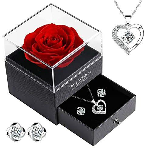 Geschenke für Frauen Ewige Rose mit Halskette und Ohrringe, Konservierte Echte Rose Freundin Sie Tochter Mama zum Geburtstag Jahrestag Hochzeit