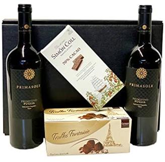 Geschenkset 2 x Rotwein Primitivo mit Schokoladentrüffeln und dunkler Schokolade