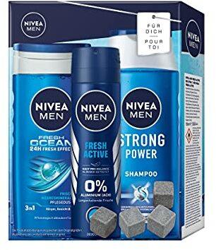NIVEA MEN Fresh Ocean Active Fresh Trio, erfrischendes Geschenkset für den gepflegten Mann, ozeanfrisches Pflegeset mit Shampoo, Pflegedusche und Deodorant