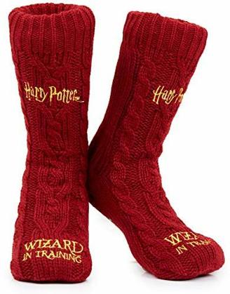 Harry Potter Socken Damen mit Kuschel Fleece und rutschfesten ABS Stopper Noppen (Burgund)