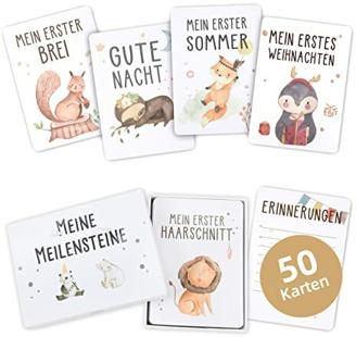 Marvelights 50 Meilensteinkarten Baby für Jungen und Mädchen, Meilensteinkarten Set mit Geschenkbox, Geschenkidee zur Geburt Tiere, Deutsch