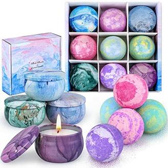 Badebomben Geschenkset, OFUN 5 Handgefertigte Badekugeln und 4 Aroma Duftkerzen, reich an ätherischen Ölen, Perfekte Muttertag|Valentinsgruß|Geburtstags|Weihnachten Geschenke für Mama Frau Freundin