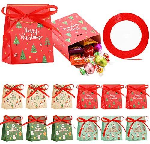 MELLIEX 12 Stück Geschenkbox Weihnachten, Klein Geschenkkarton Pralinenschachtel Süßigkeiten Box mit Bänder für Weihnachts Geschenkverpackung