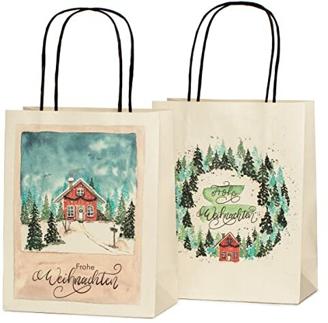100% Mosel Geschenktüten Weihnachten, mit Aquarellmotiv, 12 Stück (18 x 23 x 9 cm), Weihnachtstaschen aus baumfreien Naturpapier, Geschenkverpackung im Skandilook