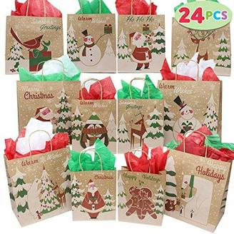 Joiedomi 24 Stück Kraft Geschenktüten mit 12 verschiedenen Weihnachtsmustern, Weihnachtsgeschenktüten, Kraftpapiertüten Geschenktasche für Weihnachten, Geschenkverpackung, Christmas