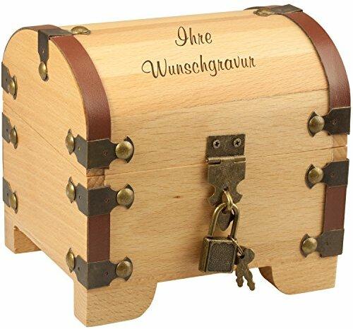 Geschenke 24 Holz-Schatztruhe mit Gravur - 3 Zeilen Wunschgravur mit je 15 Zeichen - Geldgeschenk zur Hochzeit, Geldgeschenk für Brautpaare, Geschenk zur Taufe, zum Geburtstag