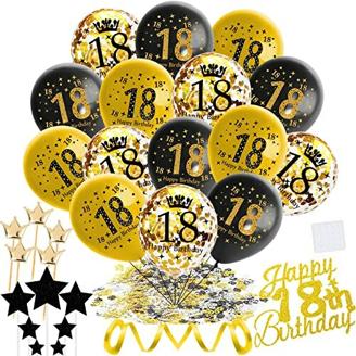 47 Stück 18 Geburtstag Deko,18.Geburtstag Dekorationen Schwarz Gold, Schwarz Luftballons Gold Konfetti Luftballons mit Happy Birthday Cake Topper für Mädchen Junge Deko