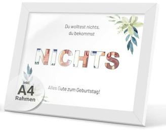 Dellvia NEU! Geburtstagsgeschenk Poster NICHTS | Geldgeschenke Nix zum Birthday | Geldgeschenk im Bilderrahmen | Personalisierbar durch Glückwünsche auf der Rückseite | A4 beidseitig bedruckt