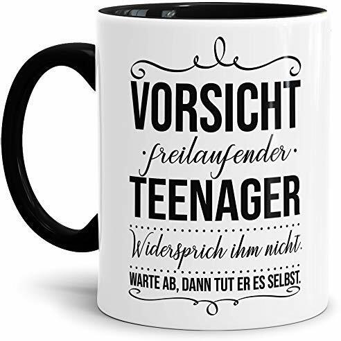 Tassendruck Geschenk-Tasse zur Jugendweihe Vorsicht freilaufender Teenager - Erwachsen/Kind/Feier/Innen & Henkel Schwarz